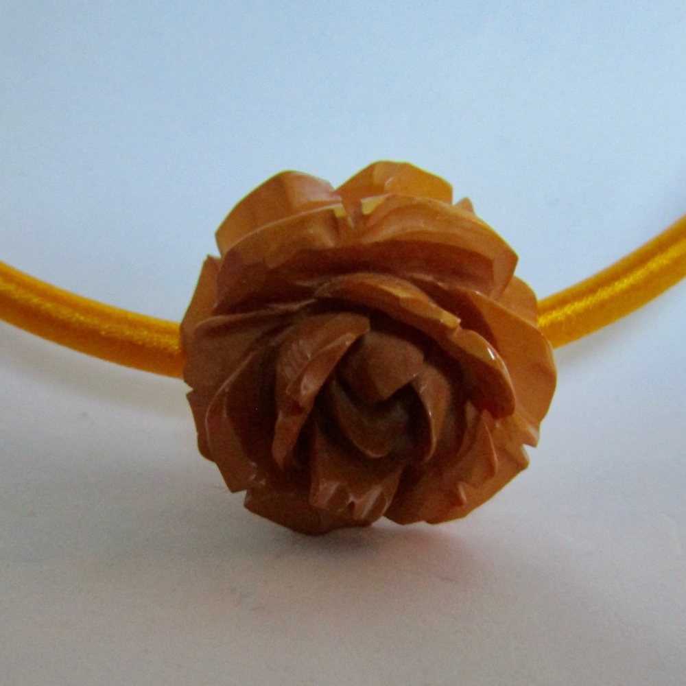 LC Carved Baltic Amber Burnt Orange Color Carved Rose Pendant attached to Silk 5